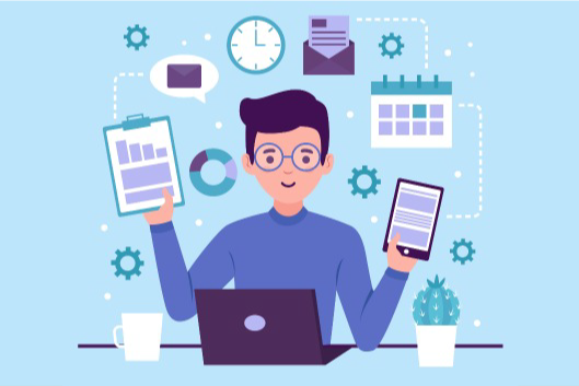 Una persona animada con una tablet en la mano izquierda y una planilla en la mano derecha. Ademas, está frente a un computador haciendo multiples tareas.